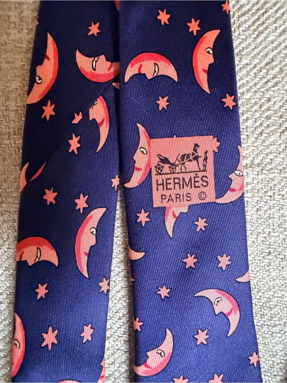 Hermès Navy Silk Tie with Pink Moon & Star Print AUTHENTIC